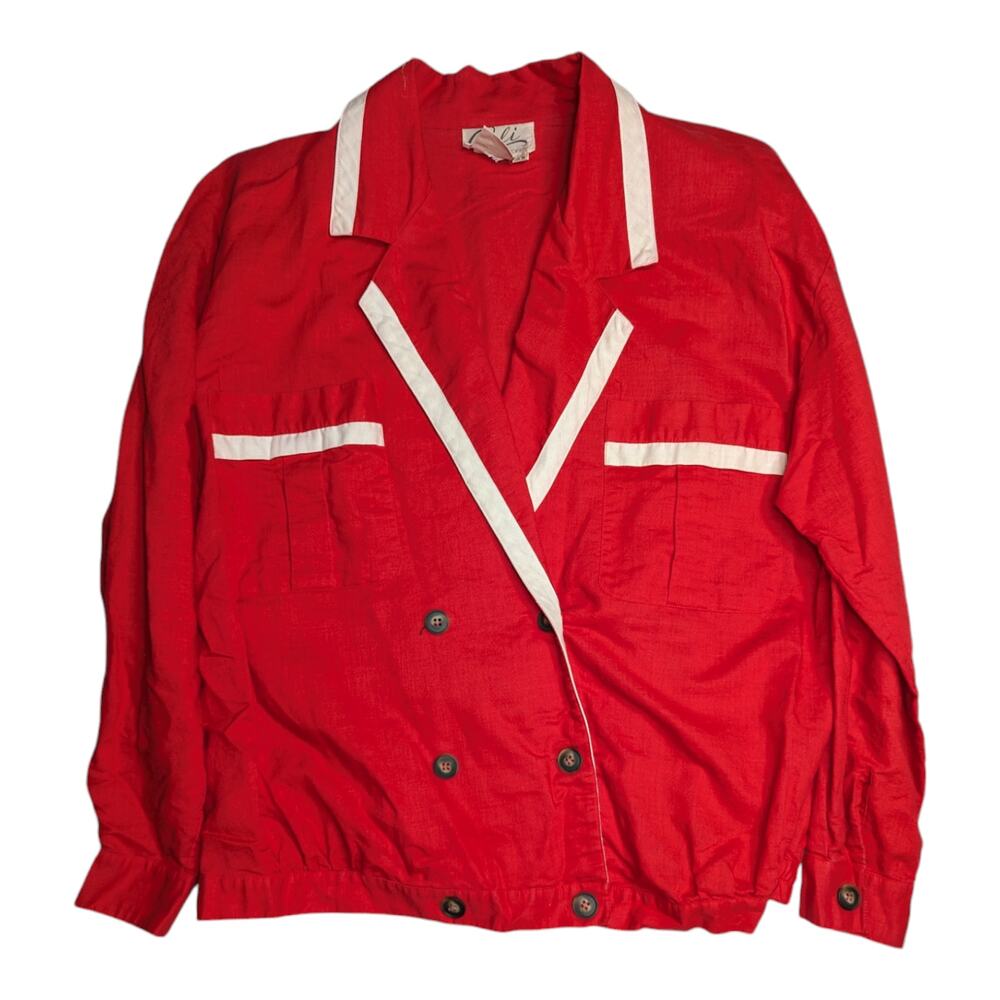 Vtg 1980s Cali Red Ivory Double Breasted Cotton Blend Nautical Blazer Jacket 14W